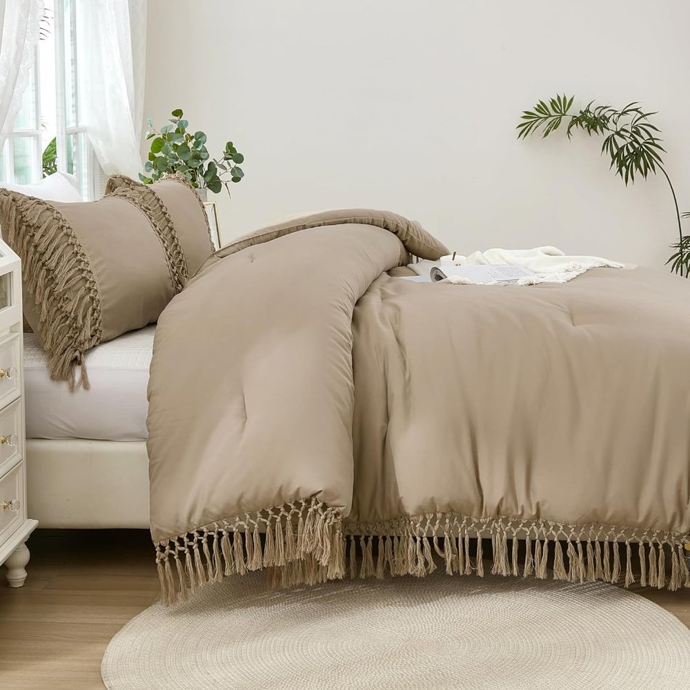 Tan Boho Tassels Trim Full Size Bed Comforter and Shams Bohemian Bedding 3pc Set